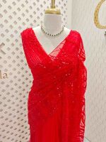 Net saree with sequins and beads vein like line pattern - Image 15