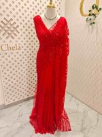 Net saree with sequins and beads vein like line pattern - Image 14