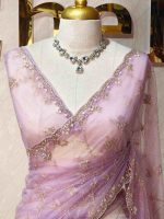 Net saree with heavy border and floral-vein Aari work body - Image 2