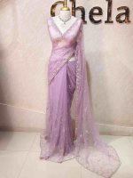 Net saree with heavy border and floral-vein Aari work body - Image 3