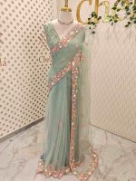 Net saree with floral bead and sequin embroidery border - Image 5