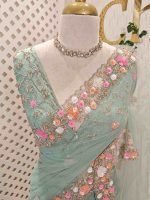 Net saree with floral bead and sequin embroidery border