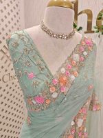 Net saree with floral bead and sequin embroidery border - Image 3