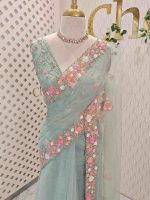 Net saree with floral bead and sequin embroidery border - Image 2