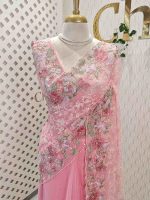 Net saree with floral embroidery, sequins and pearl detailing - Image 2