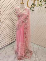 Net saree with floral embroidery, sequins and pearl detailing - Image 3