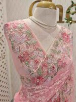 Net saree with floral embroidery, sequins and pearl detailing - Image 4