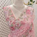 Net saree with floral embroidery, sequins and pearl detailing