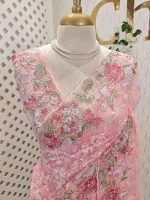 Net saree with floral embroidery, sequins and pearl detailing
