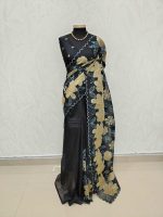 Organza with oversized floral applique and leafy vine embroidery. - Image 2