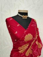 Organza with oversized floral applique and leafy vine embroidery. - Image 10