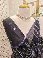 Organsa with wavy vertical embroidery work and scallop border - Image 30