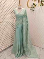 Organsa with wavy vertical embroidery work and scallop border - Image 36