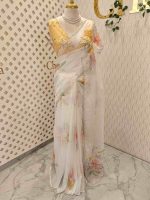 Organza with multicolour floral bead embroidery and scallop detailed border - Image 4