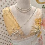 Organza with multicolour floral bead embroidery and scallop detailed border