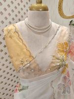 Organza with multicolour floral bead embroidery and scallop detailed border
