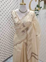 Organza with sequence leaf embroidery and scalloped zari border detailing - Image 2
