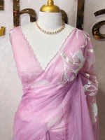 Organza with oversized floral applique finished with metallic thread embroidery