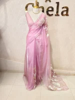 Organza with oversized floral applique finished with metallic thread embroidery - Image 3