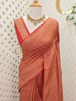 Soft katan with body features floral pattern enclosed within geometric diamond shapes. and a decorative zari border with repetitive linear and floral elements - Image 7