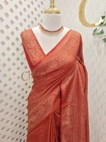 Soft katan with small leaf like motif all over the main body and large floral motifs boarder - Image 4