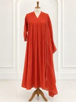 Mul Chanderi 3 piece salwar suit with pleated pattern-Rust orange - Image 2