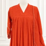 Mul Chanderi 3 piece salwar suit with pleated pattern-Rust orange