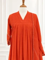 Mul Chanderi 3 piece salwar suit with pleated pattern-Rust orange