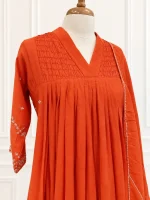 Mul Chanderi 3 piece salwar suit with pleated pattern-Rust orange - Image 3