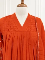 Mul Chanderi 3 piece salwar suit with pleated pattern-Rust orange - Image 4