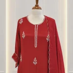 Chiffon 3 piece salwar suit with hand embroidered buttas-Brick red