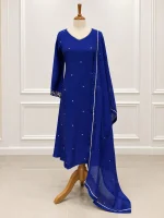 Cotton silk 3 piece salwar suit with hand embroidered wide v neckline-Royal blue - Image 2