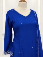 Cotton silk 3 piece salwar suit with hand embroidered wide v neckline-Royal blue - Image 3
