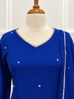 Cotton silk 3 piece salwar suit with hand embroidered wide v neckline-Royal blue - Image 4
