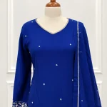 Cotton silk 3 piece salwar suit with hand embroidered wide v neckline-Royal blue