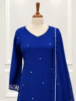 Cotton silk 3 piece salwar suit with hand embroidered wide v neckline-Royal blue