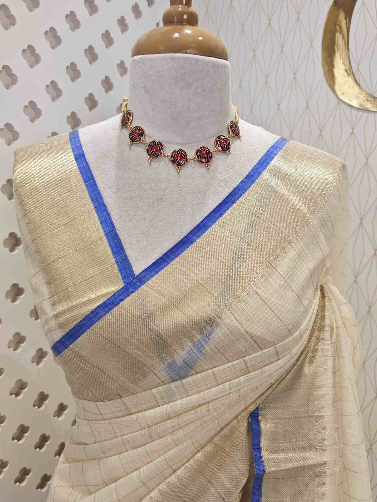 CSS2484-RYBL_00002 Soft silk with checks and zari-woven border with contrast edge - Image 1