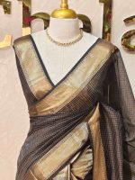 Tissue Banarasi with traditional zari woven border and checkered body - Image 7
