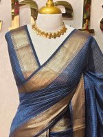 Tissue Banarasi with traditional zari woven border and checkered body - Image 16