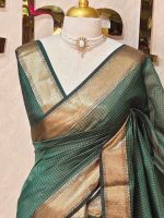 Tissue Banarasi with traditional zari woven border and checkered body - Image 18