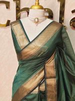 Tissue Banarasi with traditional zari woven border and checkered body - Image 19