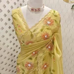 Tissue with digital floral print and cut beaded border wiith pearl scallop