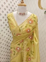 Tissue with digital floral print and cut beaded border wiith pearl scallop