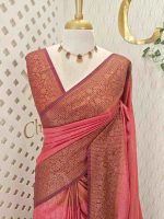 Tissue silk with micro-check woven body and contrast floral-vein zari border - Image 10