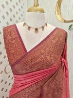 Tissue silk with micro-check woven body and contrast floral-vein zari border - Image 11