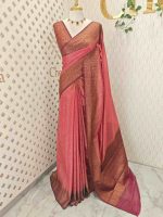 Tissue silk with micro-check woven body and contrast floral-vein zari border - Image 12