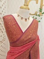 Tissue silk with micro-check woven body and contrast floral-vein zari border - Image 13