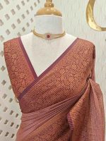 Tissue silk with micro-check woven body and contrast floral-vein zari border - Image 3