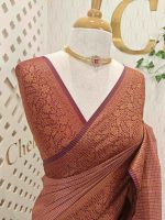 Tissue silk with micro-check woven body and contrast floral-vein zari border - Image 4