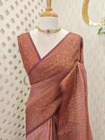 Tissue silk with micro-check woven body and contrast floral-vein zari border - Image 5